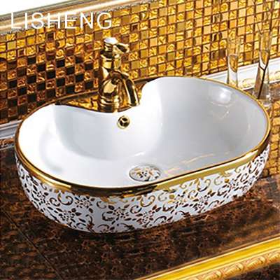 Decorate luxury oval hand wash price ceramic gold pattern sink sanitary wares basin