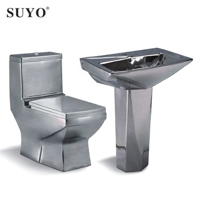 SUYO factory ceramic gold color wc toilet and pedestal basin sink silver toilet bowl