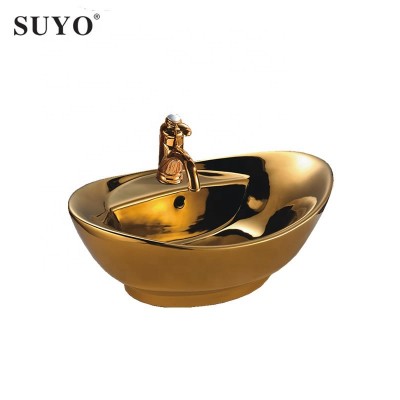 Luxury bathroom ceramic oval shape golden painting above counter sink gold color art basin