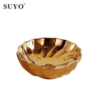 Round Shape Single Hole Porcelain Shiny Countertop Bathroom Ceramic Gold Hand Wash Basins