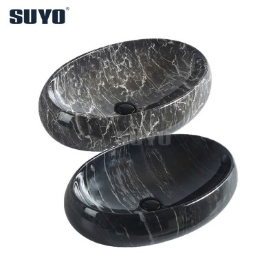 China wholesale sanitary ware counter top egg shape ceramic brown marble color hand wash art basin