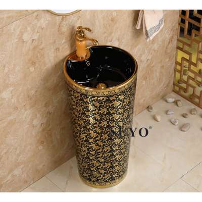 Good price bathroom floor standing golden color pedestal sink basin gold ceramic basin