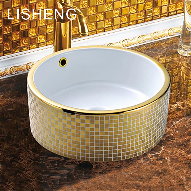 Round small size electroplated ceramic shower gold wash basin designs for dining room